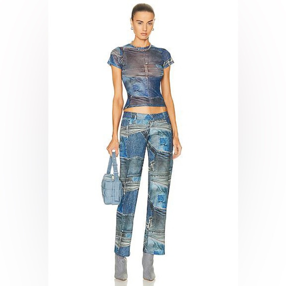 Miaou Blue Patchwork Denim-Print Pantsuit Set